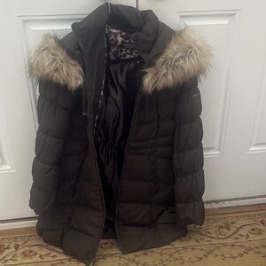 Laundry by Design Olive Green Quilted Puffer Coat with Faux Fur Trim